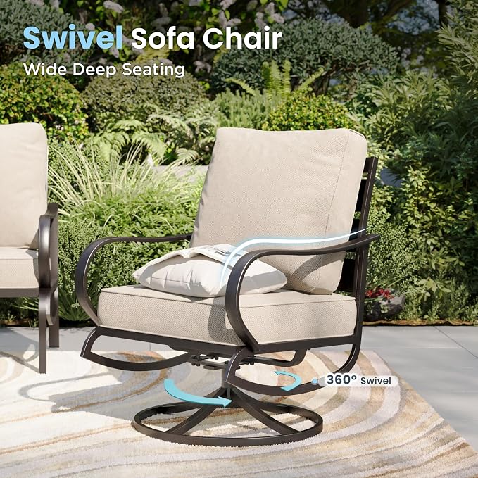 PHI VILLA 4 Piece Patio Furniture Set with 1 x 3 Seater Padded Deep Seating Bench, 2 x Swivel Cushioned Armrest Sofa Chairs and 1 x Coffee Table, Metal Outdoor Furniture Set for 5