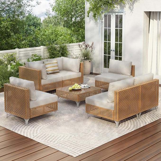 VilroCaz 7-Piece Outdoor Patio Furniture Set, Wicker Sectional Sofa wThick Seat Cushions, All-Weather Conversation Sofa Sets with Coffee Table for Outdoor Couch, Porch, Backyard (Beige-7C)