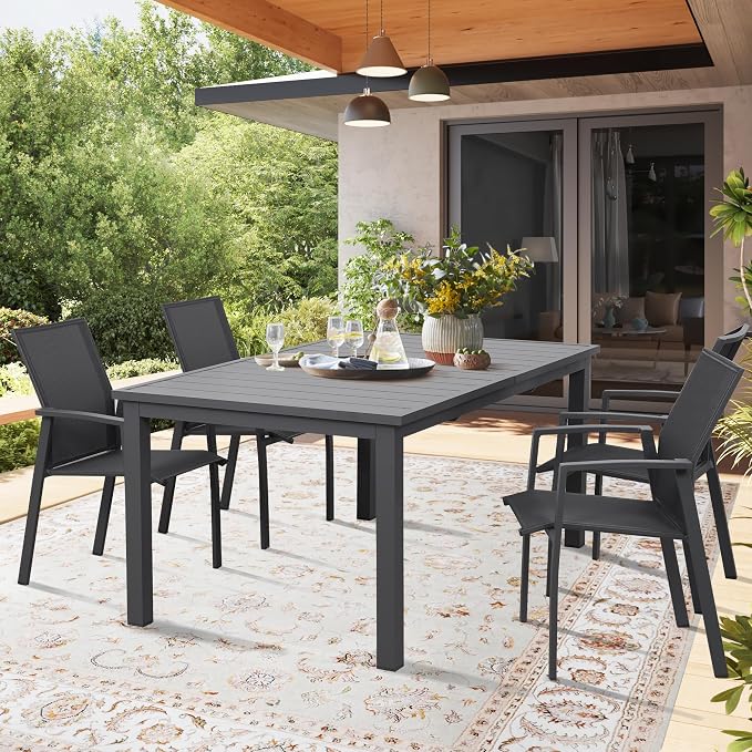 Wisteria Lane Outdoor Patio Dining Set, 5 Piece Aluminum Modern Outdoor Table and Chairs Set for 4, Metal Expandable Patio Table & 4 Stackable Textilene Chairs for Balcony Deck Backyard, Grey