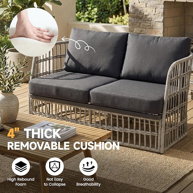 4 Piece Patio Furniture Set, Modern Patio Conversation Set for 4, Rattan Patio Sectional Sofa with Cushions, Backyard Furniture Outdoor Couch with Coffee Table for Deck/Balcony/Porch, Grey