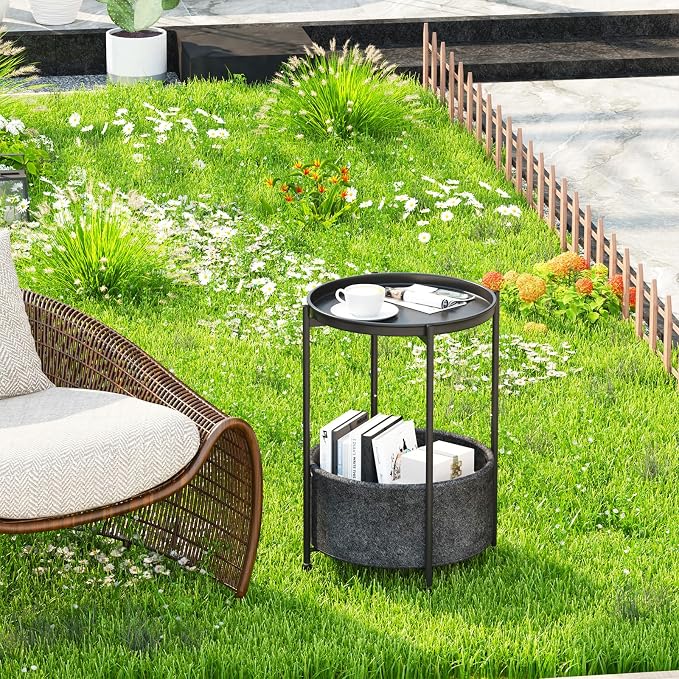 Garden 4 you Small Side Table, Mini Round End Table, Tray Table with Fabric Storage Basket, Modern Nightstand for Living Room, Bedroom, Patio, Small Space, Black