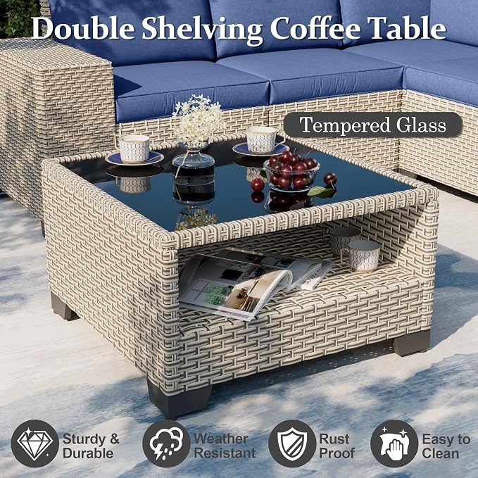 7-Piece Outdoor Patio Furniture Set with Fire Pit, Modular Sectional Sofa Set with Glass Coffee Table and Cushions, Wicker Outdoor Couch Conversation Sets, Blue