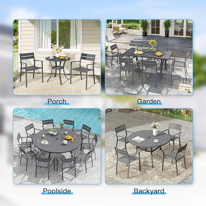 VICLLAX Patio 5 Pieces Outdoor Dining Set, Wrought Iron Metal Outdoor Table and Chairs Set, 40.6" Round Table with Umbrella Hole and 4 Stackable Chairs for Lawn, Garden, Porch, Dark Grey/Grey