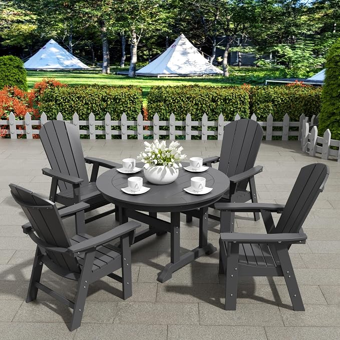 WestinTrends Malibu Patio Dining Table, All Weather Poly Lumber Adirondack 47" Trestle Round Outdoor Table with Umbrella Hole, Gray