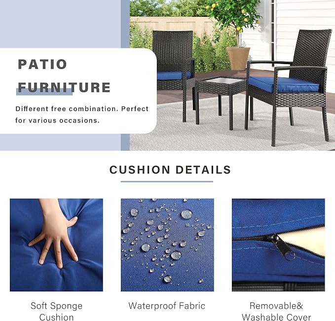 3PCS PE Rattan Patio Conversation Set, Outdoor Patio Furniture Sets | Thick Polyester Cushions, Tempered Coffee Table, Steel Frame Holds 330 LBS for Backyard Lawn Porch Poolside Balcony, Blue