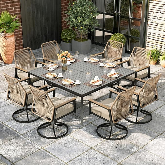 MIXPATIO 9 Pieces Outdoor Patio Dining Set, 57.5" Square Metal Patio Table with Umbrella Hole, 8 x Swivel Rope Rattan Chairs with 3.2" Cushion for Yard, Porch, Beige