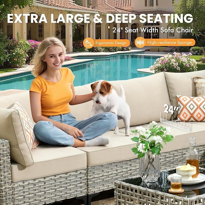 Outdoor Sectional Patio Furniture Set with Fire Pit Table and Glowing Table,6 Pieces Wicker Conversation Sets L Shaped Couch Out Door Sofa Set Outside Furniture for Garden Deck Yard,Beige