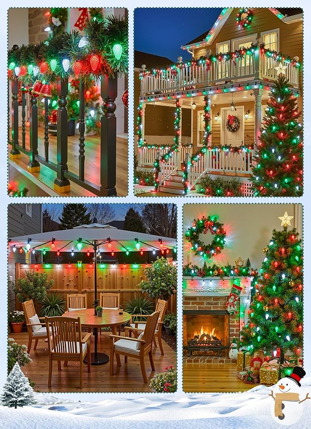 C9 Christmas Lights Outdoor, 102FT 150 LED String Lights with Spring Clips | Waterproof Connectable Commercial Grade Christmas Tree Lights for Outside Roofline Patio Yard Home, Red Green|Pure White