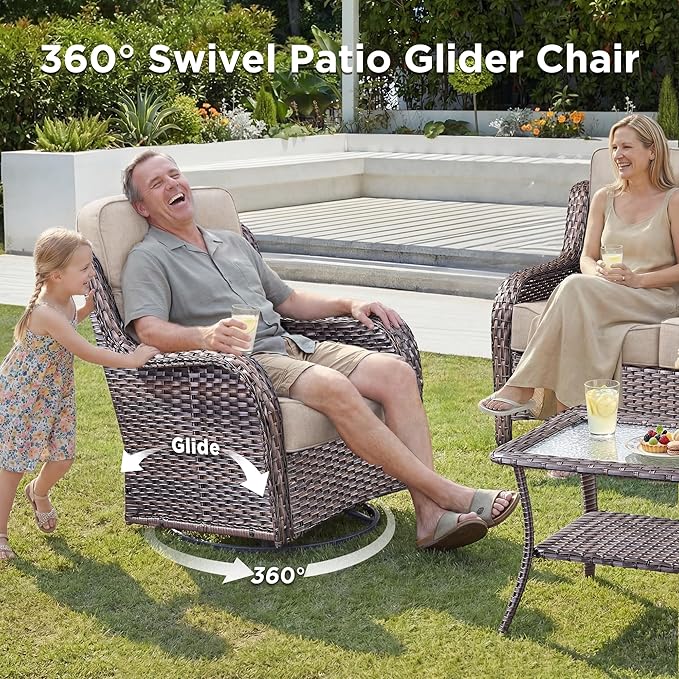 Luxury Outdoor Swivel Rocker Patio Chairs-3 Piece Wicker Patio Rocking Chairs Set of 2 with Glass Side Table 6" Thick Cushions High Back Outdoor Furniture Sets for Deck Porch Balcony(Brown/Beige)