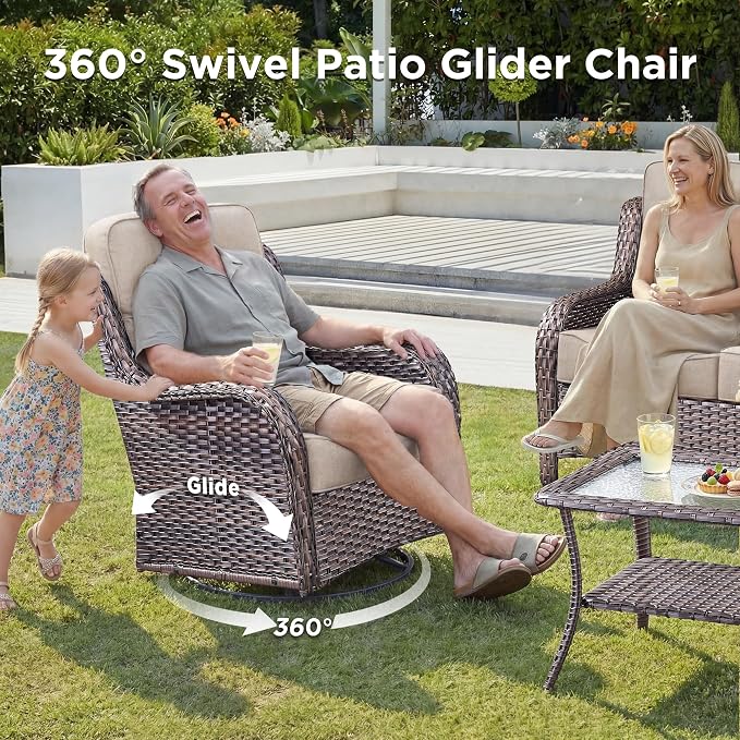 Luxury 10 Pieces Patio Furniture Set, Wicker Swivel Rocker Patio Chairs with 6" Thick Cushion, Outdoor Wicker Sofa with Coffee Table, All Weather Outdoor Conversation for Garden Porch(Brown/Beige)