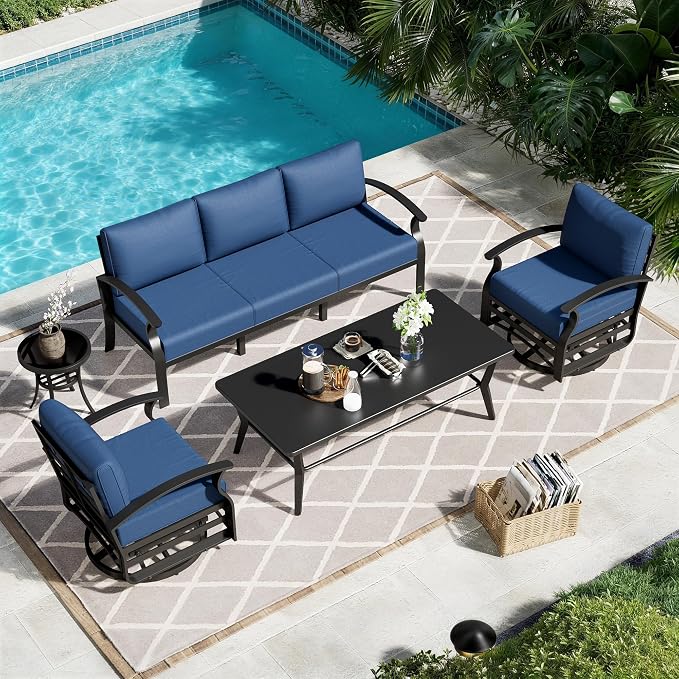 Aluminum Patio Furniture Set with Coffee Table,5 Seats Metal Modern Outdoor Furniture Set w/5.1" Thick Cushions,Patio Sectional w/Swivel Chairs for Backyard,Patio,Navy