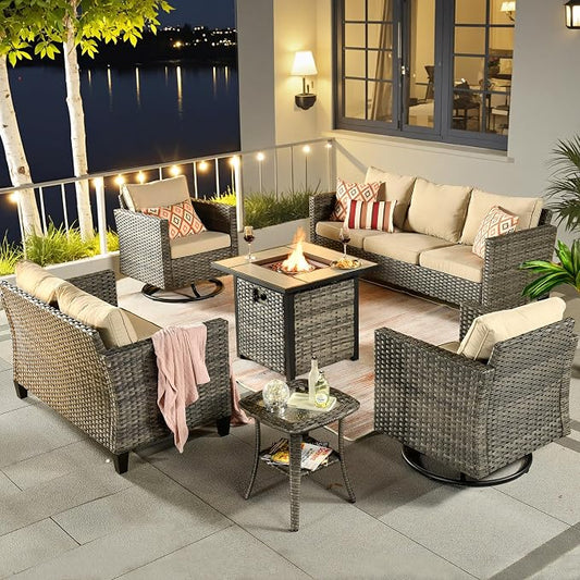 ovios 6 Pieces Patio Furniture Set with Square Fire Pit Table, Swivel Rocking Chairs, Loveseat, Outdoor High Back Wicker Rattan Conversation Set for Deck Porch, Beige