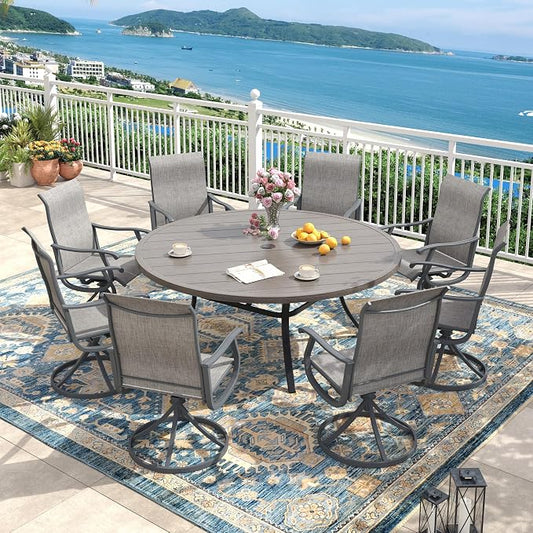 Outdoor Dining Set for 8, 60" Metal Round Outdoor Dining Table with Umbrella Hole and Sling Patio Swivel Chairs, 9 Pieces Patio Table and Chairs Set for Garden Backyard, Grey