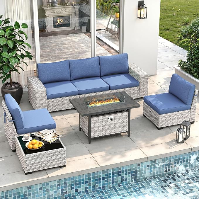 7 Piece Outdoor Wicker Sectional Sofa Set with Fire Pit Table, 5-Seats Conversation Set with 4" Thickened Cushions & Coffee Table, All-Weather PE Rattan for Garden, Backyard, Porch, Bule