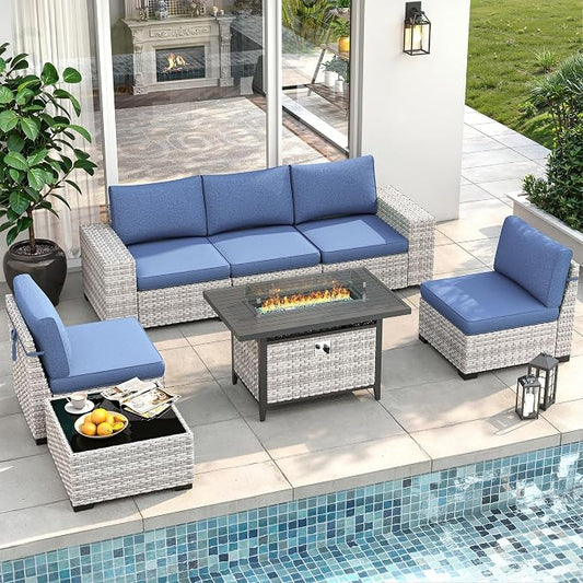 7 Piece Outdoor Wicker Sectional Sofa Set with Fire Pit Table, 5-Seats Conversation Set with 4" Thickened Cushions & Coffee Table, All-Weather PE Rattan for Garden, Backyard, Porch, Bule