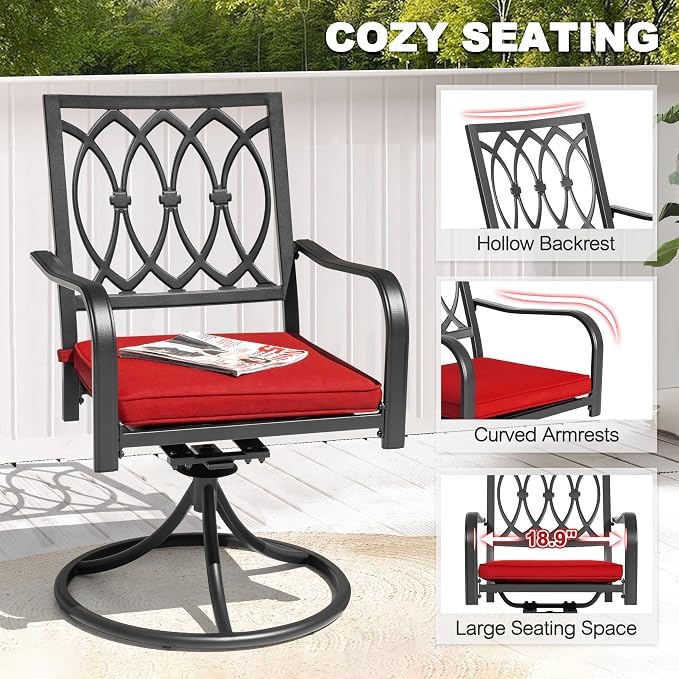 NUU GARDEN 5 Piece Outdoor Dining Set, 4 Swivel Patio Dining Chairs and 37 Inch Square Dining Table with 1.6'' Umbrella Hole and Red Removable Cushions for Garden,Backyard, Deck, Yard, Black