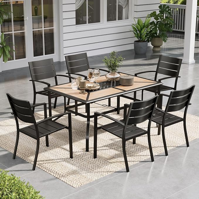 Sophia & William Patio Dining Set Metal Outdoor Table and Chairs Furniture Set 7 Piece, Large 60" Imitation Wood Dining Table with Umbrella Hole and 6 Backyard Garden Chairs Support 300LBS