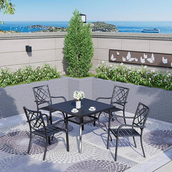 Crownland 5 Piece Patio Dining Set, 4 Stackable Metal Chairs and Square Outdoor Dining Table with 9FT Round Khaki Outdoor Umbrella, Metal Tabletop