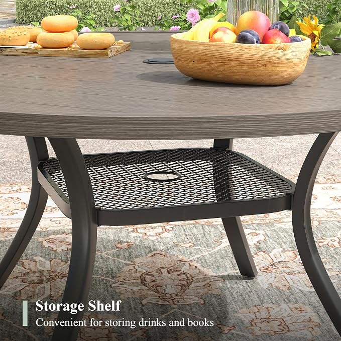 47.2" Patio Dining Table for 6, Round Outdoor Metal Dining Table with Umbrella Hole for Lawn Garden Backyard, Grey