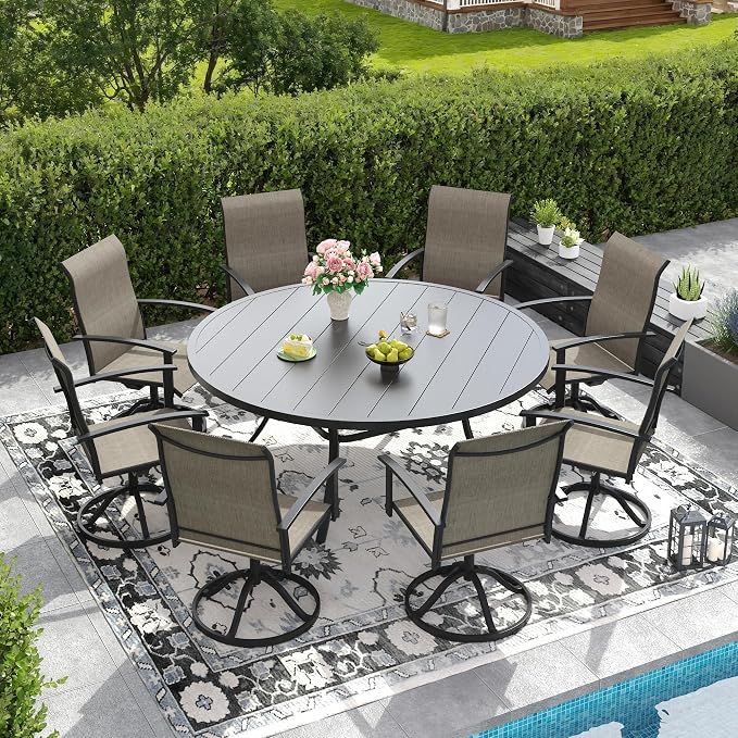 DIFY 9 Pieces Outdoor Dining Set for 8, 60" Black Round Metal Table with Umbrella Hole and Brown Textilene Swivel Patio Chairs, Patio Table and Chairs Set for Garden, Backyard, Poolside