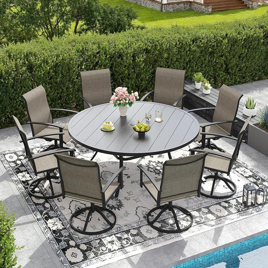DIFY 9 Pieces Outdoor Dining Set for 8, 60" Black Round Metal Table with Umbrella Hole and Brown Textilene Swivel Patio Chairs, Patio Table and Chairs Set for Garden, Backyard, Poolside