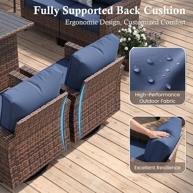 Amopatio Patio Furniture Set, Wicker Outdoor Sectional Sofa with Swivel Rocker Chairs, All-Weather Rattan Conversation Set, Storage Coffee Table, Waterproof Cover for Backyard, Deck Brown/Navy 5 PCS