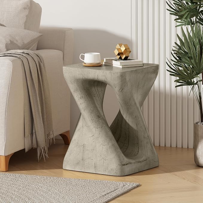 Lightweight Concrete Outdoor Side Table,Twist Shape Outdoor End Table, Wood-Like Texture Modern Small Accent Table for Patio Garden Balcony Porch Antique Gray 16" H