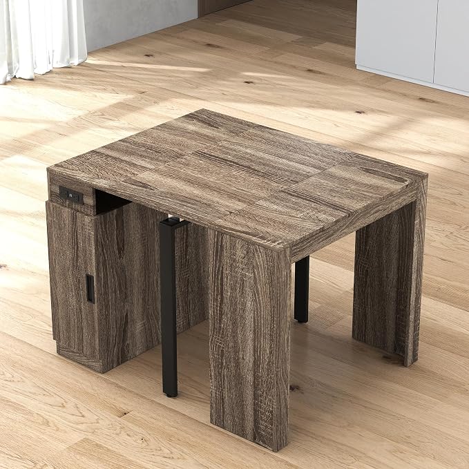 23.62”-118.11” Extendable Dining Room Table, 1-10 People Wood Long Foldable Tables with Storage Cabinet & Outlet, Space Saving Expanding Table with for Kitchen, Living Room, Party, Brown