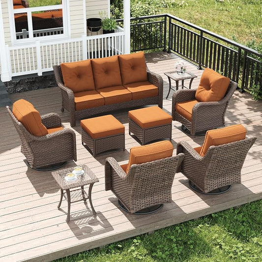 LayinSun 9 Piece Wicker Outdoor Furniture Set with 6-inch Comfy Cushions, High Back Patio Furniture Set with Swivel Rocking Chairs and Side Table