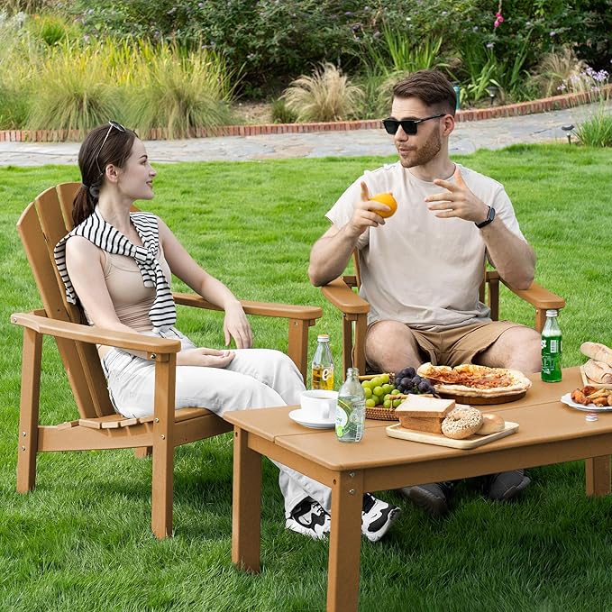 nevilywood Compact Stackable Adirondack Chairs,All Weather HDPE,380lb,Teak | 26.3" Wide HDPE.All-Weather Outdoor.Maintenance-Free.Stackable for Storage.25°Curved Straight Backrest.Quick Assembly