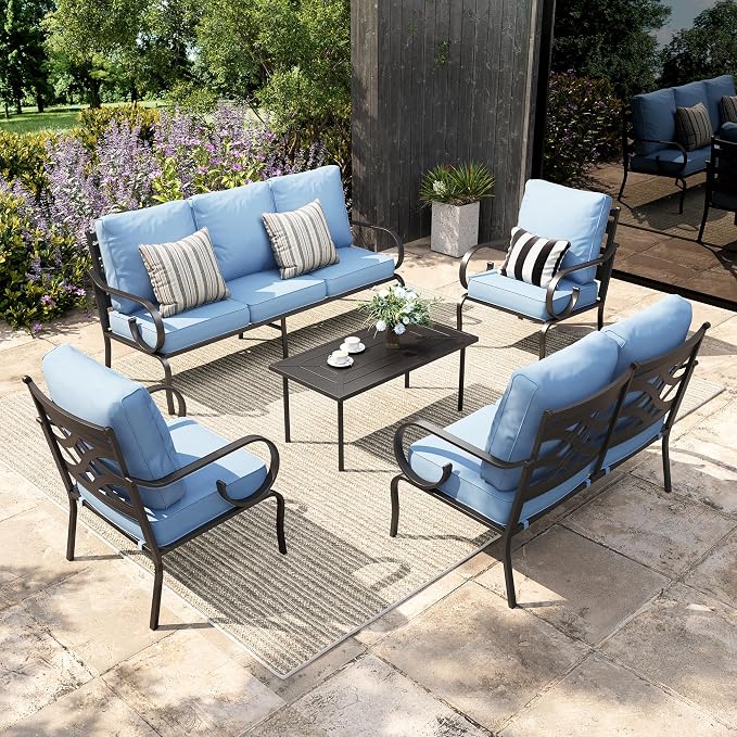 Sophia & William Patio Conversation Set for 7, a Loveseat, 3-Seater Sofa, 2 Fixed Chairs and a Coffee Table, Metal Outdoor Furniture with 5.75" Extra Thick Cushions, Blue