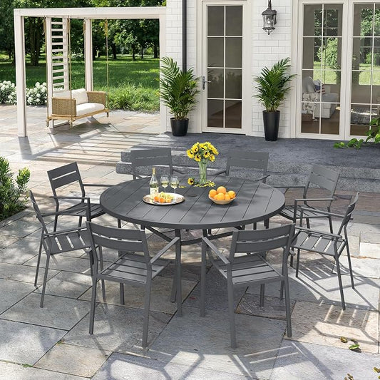 VICLLAX Patio 9 Pieces Outdoor Dining Set, Wrought Iron Metal Outdoor Table and Chairs Set, 53" Round Table with Umbrella Hole and 8 Stackable Chairs for Lawn, Garden, Porch, Dark Grey/Grey