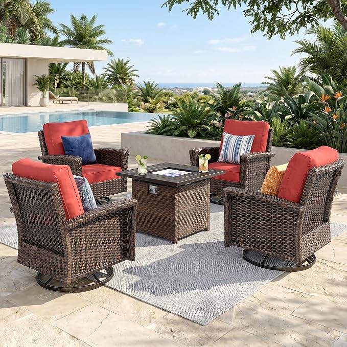 HERA'S HOUSE 5-Piece Patio Furniture Set with Outdoor Swivel Chairs & Fire Pit, High Back Wicker Conversation Sets with 5.5" Thick Cushions, All-Weather Deep Seating Sofa, Red