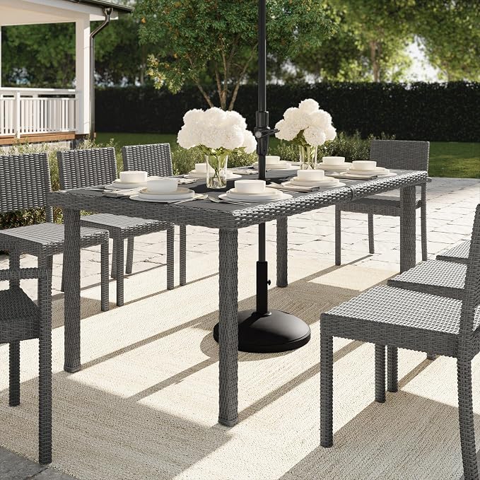 Martha Stewart Bedford 71" Indoor-Outdoor Patio Table with Faux Wood Top and Rattan Wicker Finish in Gray