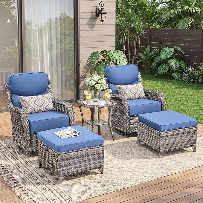 Luxury 5 Pieces Outdoor Patio Furniture Set-All Weather Wicker Outdoor Furniture with Swivel Rocker Patio Chairs 6-inch Extra Thick Cushions Wicker Conversation Set for Garden Porch(Grey/Blue)