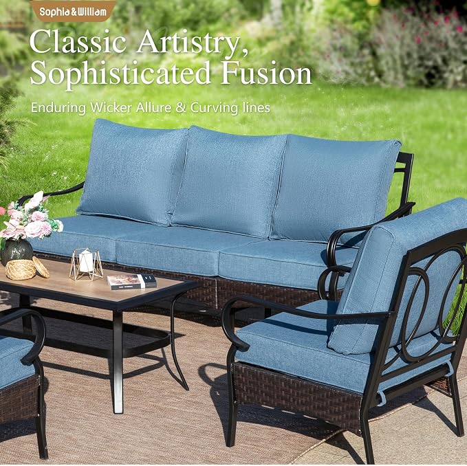Sophia & William Patio Furniture Set with Fire Pit Table, 4 PCS Metal Outdoor Conversation Set with Fire Pit Table, 2 Sofa Chairs,3-Seater Couch for Outdoor Seating, Backyard, Porch(Navy)