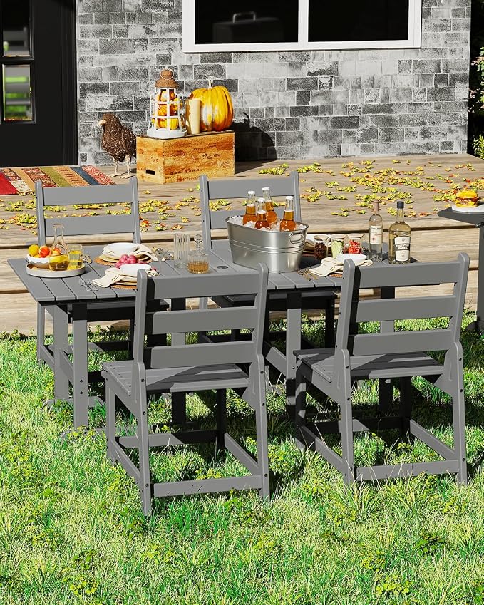 GREENVINES 5-Piece-Outdoor-Table-and-Chairs | HDPE | Patio Furniture | Slatted Dining Sets for 4 | Armless Chair | Connectable Tables | All Weather | for Backyard Poolside Garden | Grey