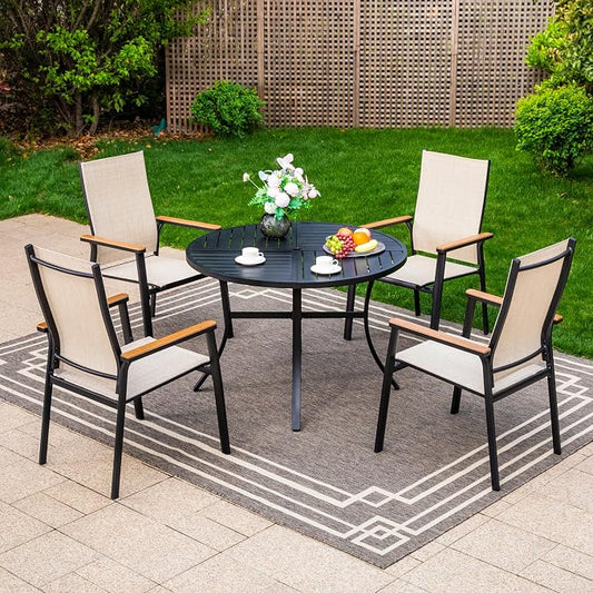 MFSTUDIO 5 PCS Outdoor Dining Set, Round Table & Aluminum Chairs, Beige | Stackbale textilene chairs, Light-weight & space-saving, Square Table, Umbrella Hole, Patio deck, 4 person