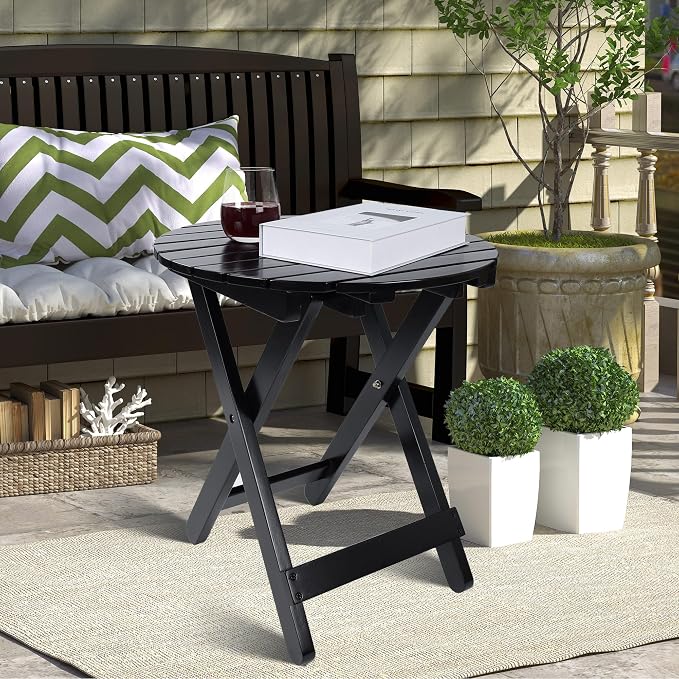 Outdoor Wooden Side Table, Folding Patio End Table, Small Round Furniture Table for Adirondack Chair, Balcony, Porch, Acacia Wood, No Assembly, Black