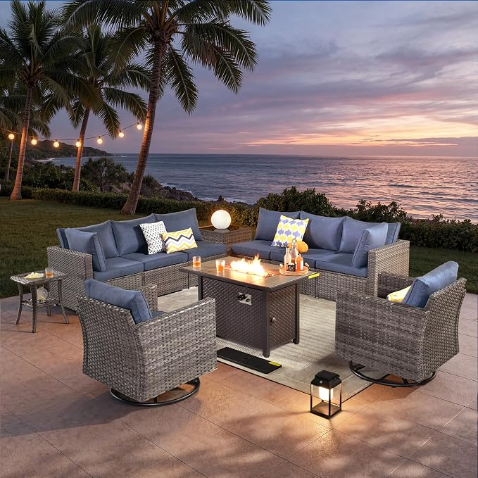ovios 11 Piece Outdoor Patio Furniture Set with Fire Pit Table,Conversation Sectional Wicker Couch with Swivel Chairs,Modern Outside Sofa for Balcony Backyard, Blue