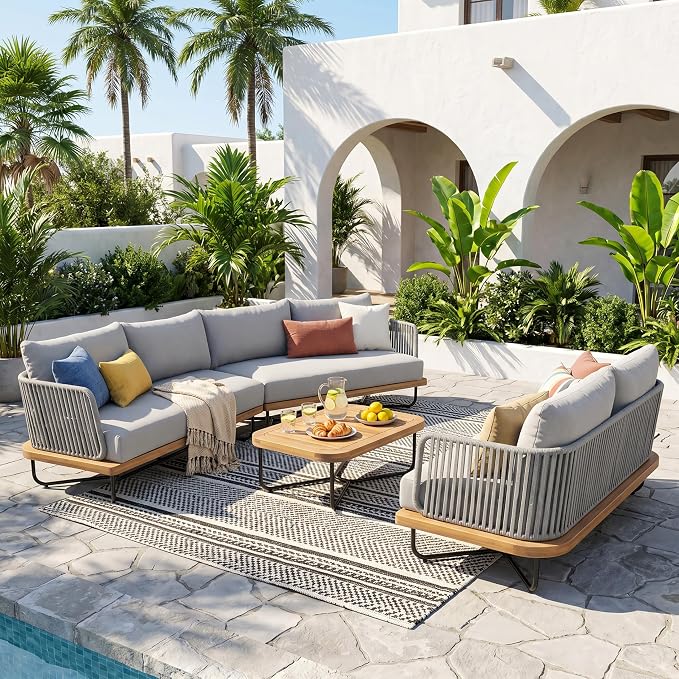 Christopher Knight Home 3-Piece Patio Furniture Set, Acacia Wood Outdoor Sectional Sofa with Rope Woven & Cushions, 4-Seat Sofa, Loveseat and Coffee Table, Outdoor Conversation Set, Light Grey+Teak