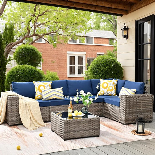 ovios 6 Pieces Patio Furniture Set, Outdoor Wicker Sectional Sofa with Coffee Table Comfy Cushions, Modern Modular Deep Seat Couch Rattan Conversation Set, Navy Blue