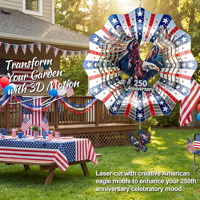250th Anniversary American Eagle Flag 12 Inch Wind Spinner | Stainless Steel Outdoor Garden Decor with 3D American Flag Design, Hanging Yard Art for Patio & Indoor, Gifts for Men & Dad