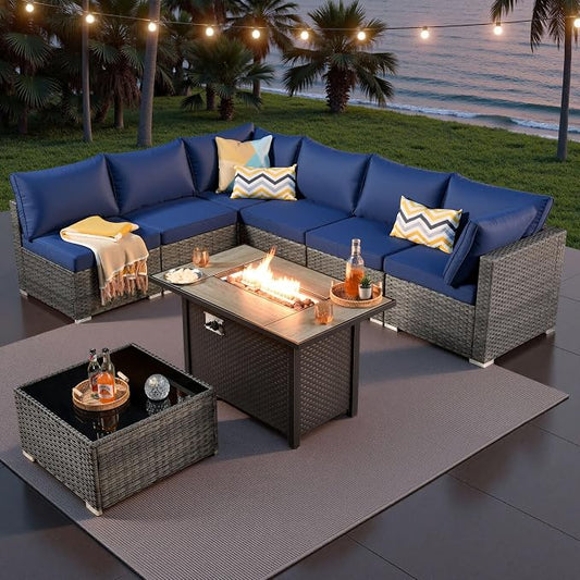 ovios Outdoor 8 Piece Patio Furniture Set with Fire Pit Table,Conversation Sectional Wicker Couch with Coffee Table,Modern Outside Sofa for Balcony Backyard, Beige