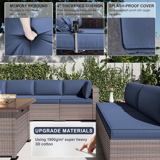 Kullavik 13PCS Outdoor Patio Furniture Set,PE Wicker Rattan Sectional Sofa Patio Conversation Sets with 43" 55000BTU Gas Propane Fire Pit Table,Swivel Rocking Chairs Set,Navy Blue