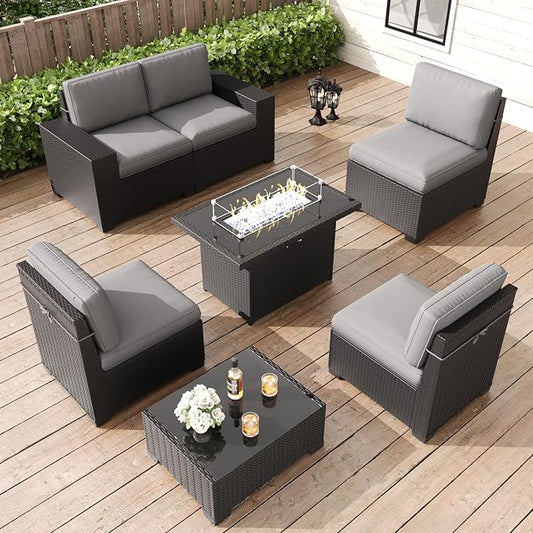 LayinSun 7 Pieces Patio Furniture Set with Fire Pit Table, Black Rattan Modular Sectional Patio Conversation Sofa Set