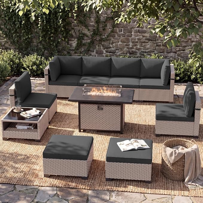 Patio Furniture Set, 10-Piece Outdoor Sectional Sofa with 60,000 BTU Fire Pit Table & Ottomans, Wicker Patio Conversation Set with Coffee Table, Black Cushions