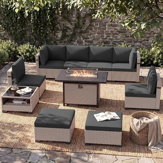 Patio Furniture Set, 10-Piece Outdoor Sectional Sofa with 60,000 BTU Fire Pit Table & Ottomans, Wicker Patio Conversation Set with Coffee Table, Black Cushions