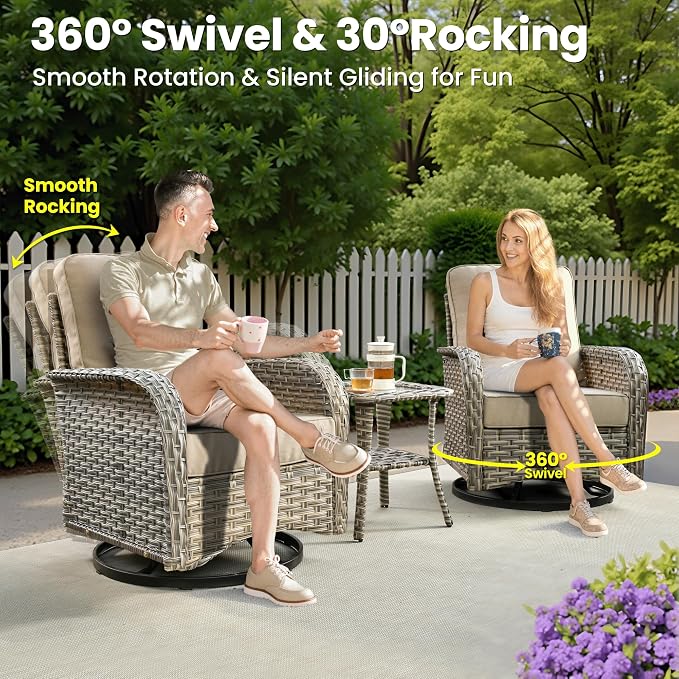 ovios 9-Piece Patio Furniture Set with L-Shape Sofa Chaise, Outdoor Sectional Couch Swivel Gliders Fire Pit Table, Modern Modular Wicker Rattan Conversation Set, Beige