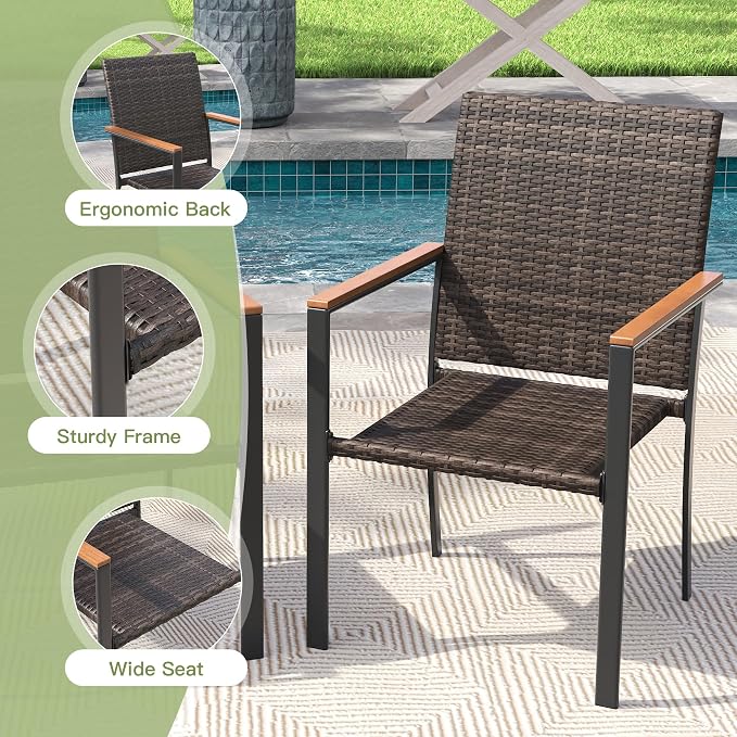 Round Patio Dining Set for 8, Outdoor Furniture Set of 53.1" Round Metal Table with Umbrella Hole and Stackable Wicker Patio Chairs for Backyard Lawn Garden, Walnut Chairs, Black Table